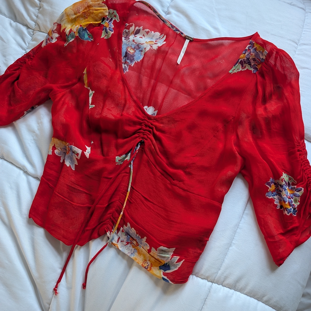 Free People Vibrant Red Floral Crop Top